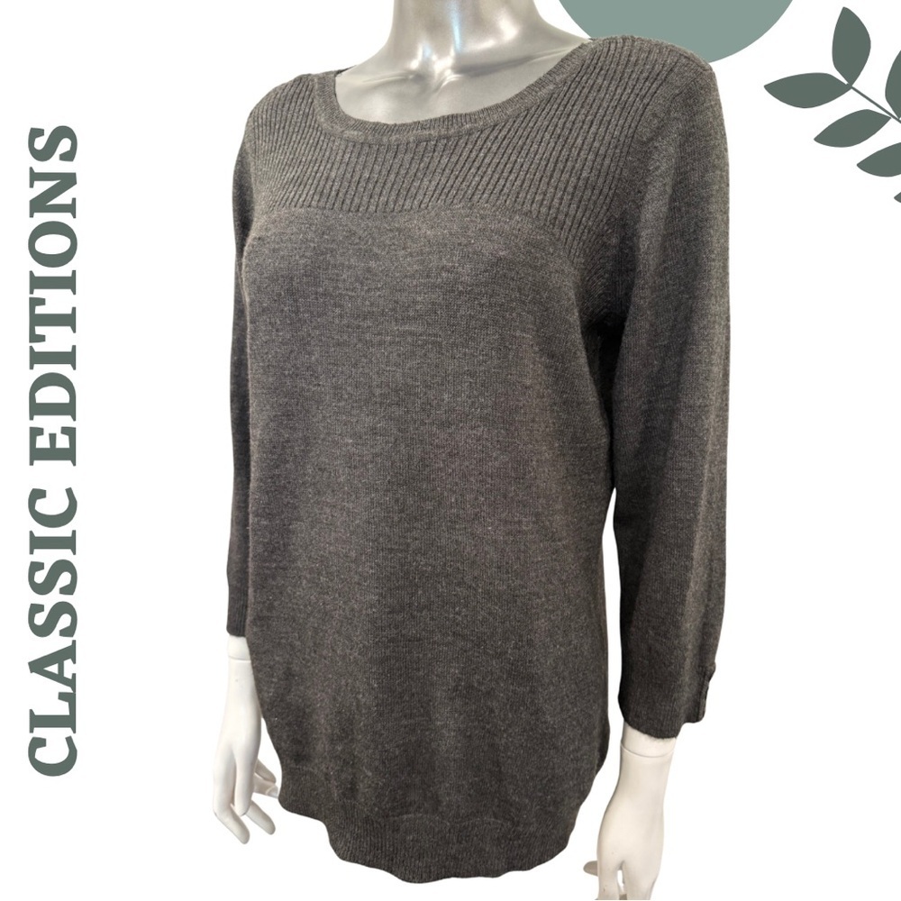 🛍️ Classic Editions Charcoal Knit Pullover Sweater Large – Ribbed Yoke - Picture 2 of 6